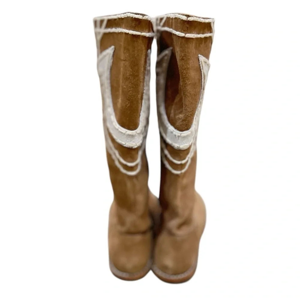True Religion Tan Suede Knee-High Boots with White Logo